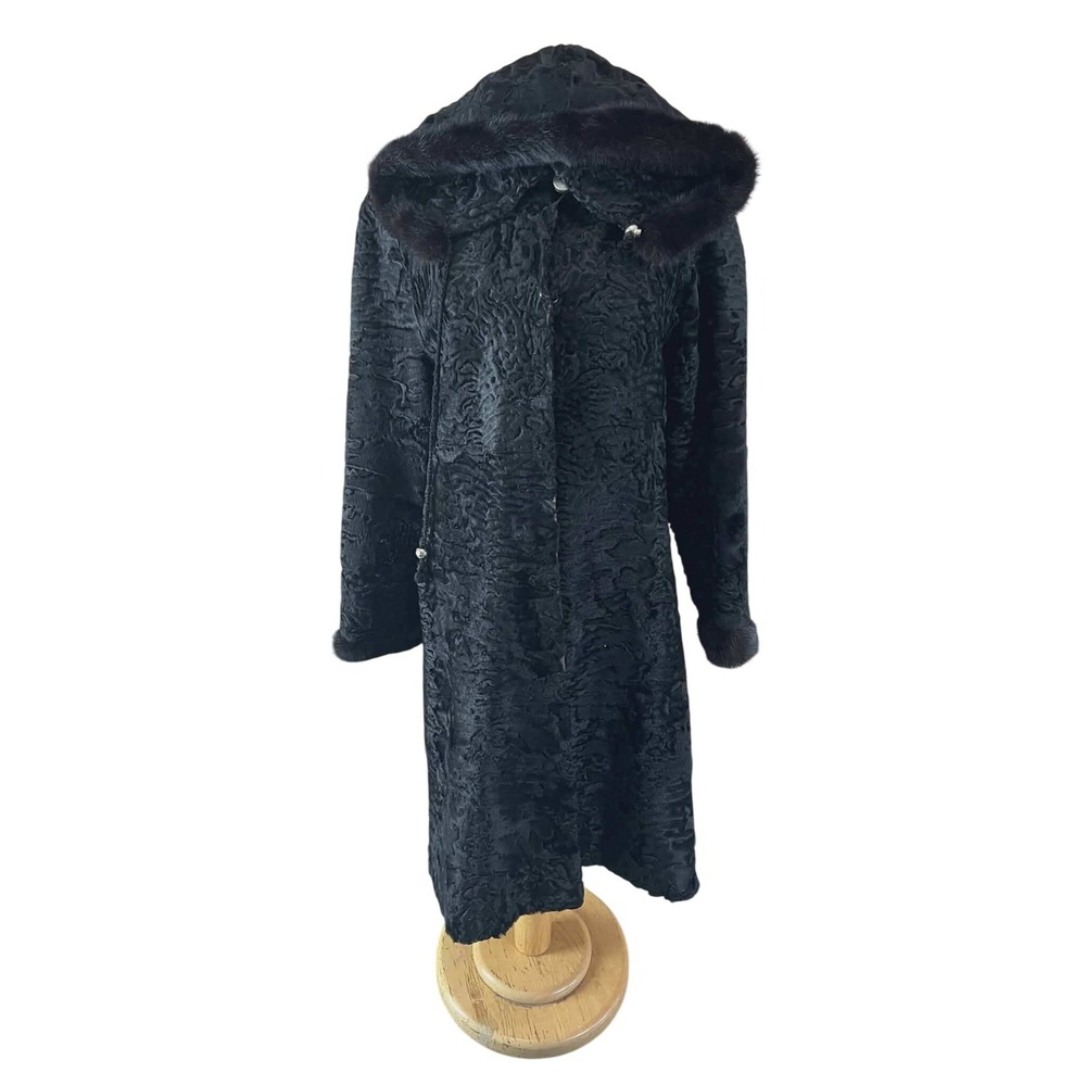 Vintage Black Persian Lamb Astrakhan Karakul Fur‎ Hooded Coat Mink Trim Jacket